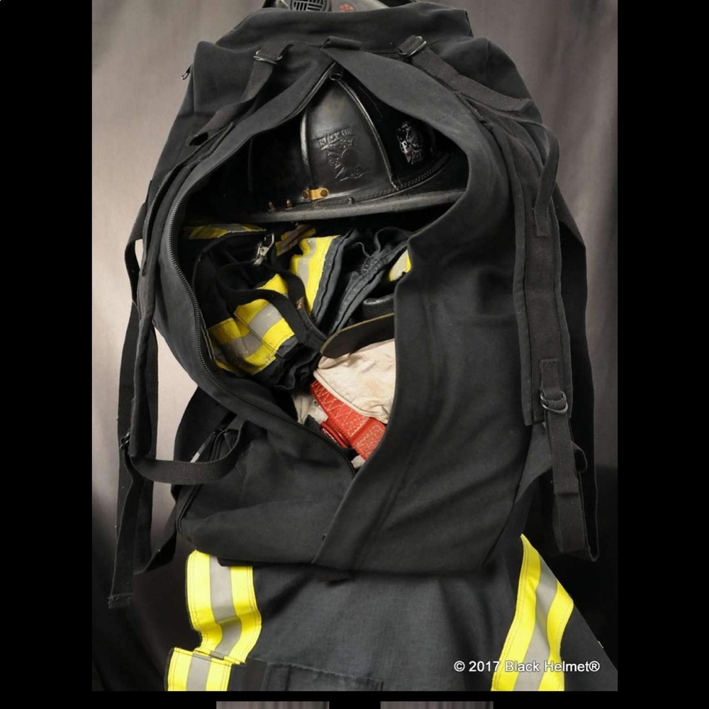 Black helmet firefighter bunker gear bag